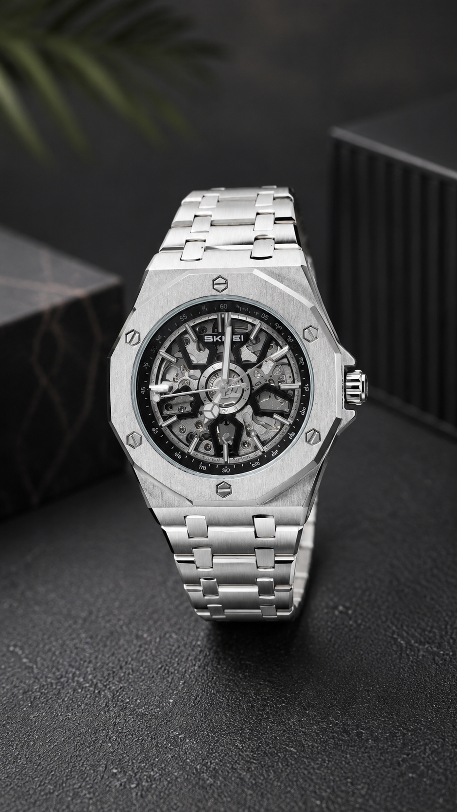 SKMEI M036 Premium Waterproof Skeleton Watch for Men | Luxury Silver Stainless Steel Wristwatch ⌚