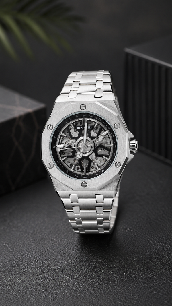 SKMEI M036 Premium Waterproof Skeleton Watch for Men | Luxury Silver Stainless Steel Wristwatch ⌚