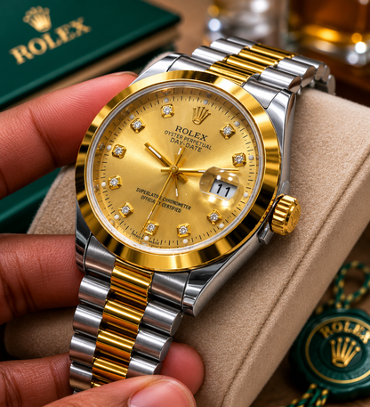 Rolex Day-Date Two-Tone Gold Dial Luxury Watch with Diamond Hour Markers | Premium Stainless Steel Men's Wristwatch