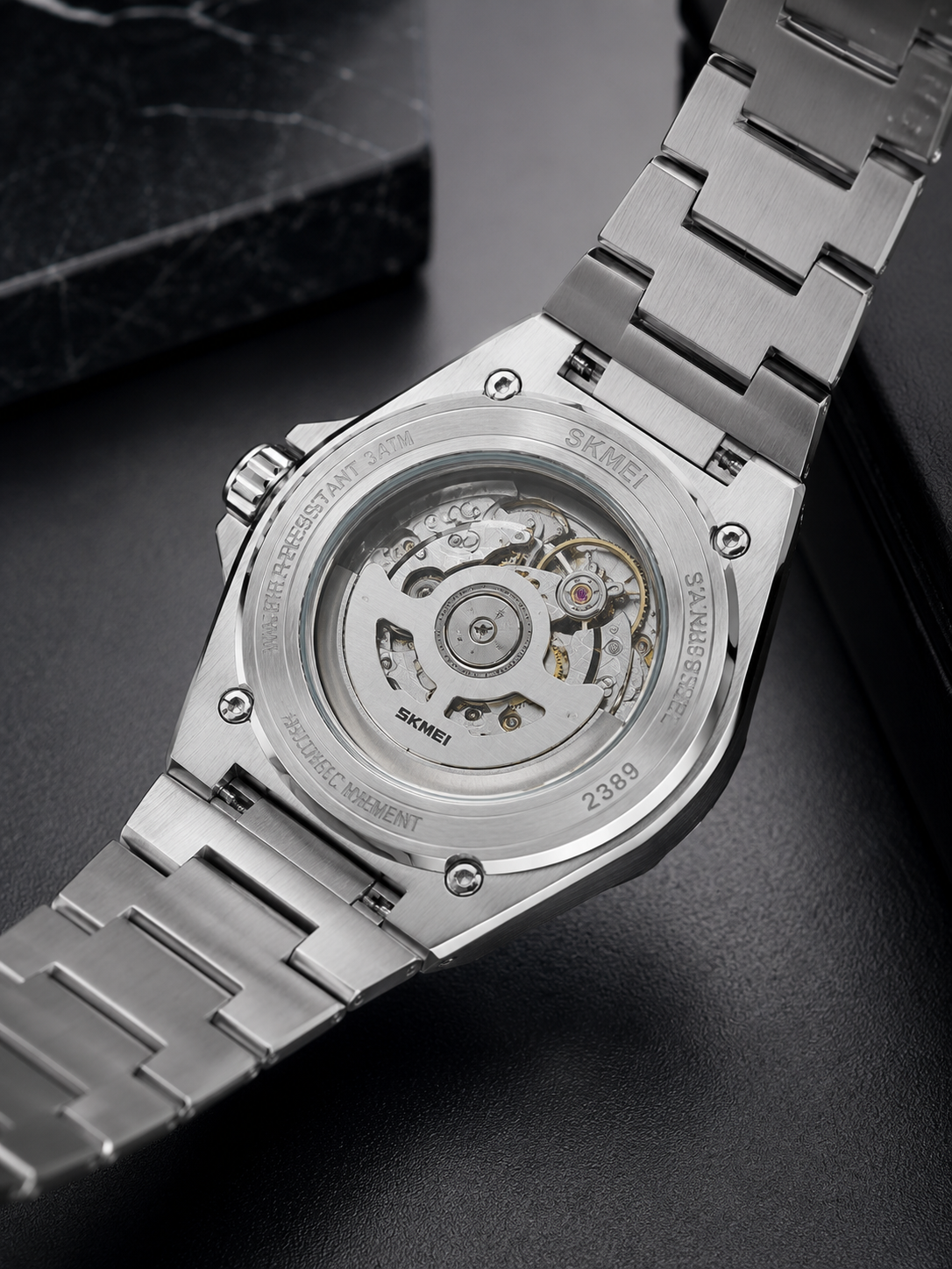 SKMEI M036 Premium Waterproof Skeleton Watch for Men | Luxury Silver Stainless Steel Wristwatch ⌚