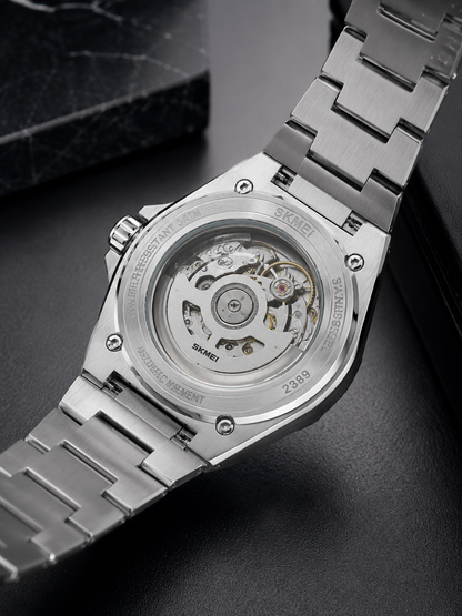 SKMEI M036 Premium Waterproof Skeleton Watch for Men | Luxury Silver Stainless Steel Wristwatch ⌚