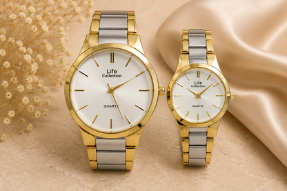 Life Collection Premium Couple Watch Set – Black,silver & Gold Luxury Quartz Wristwatches | His & Hers Matching Watches