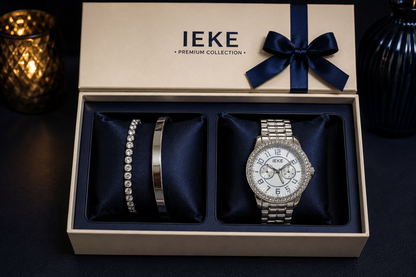 IEKE Premium Women's Watch & Bracelet Gift Set – Silver Crystal Luxury Collection