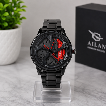 Luxury Black Sports Car Rim Design Men's Watch – Red Brake Caliper Dial – Stainless Steel Analog Quartz Wrist Watch