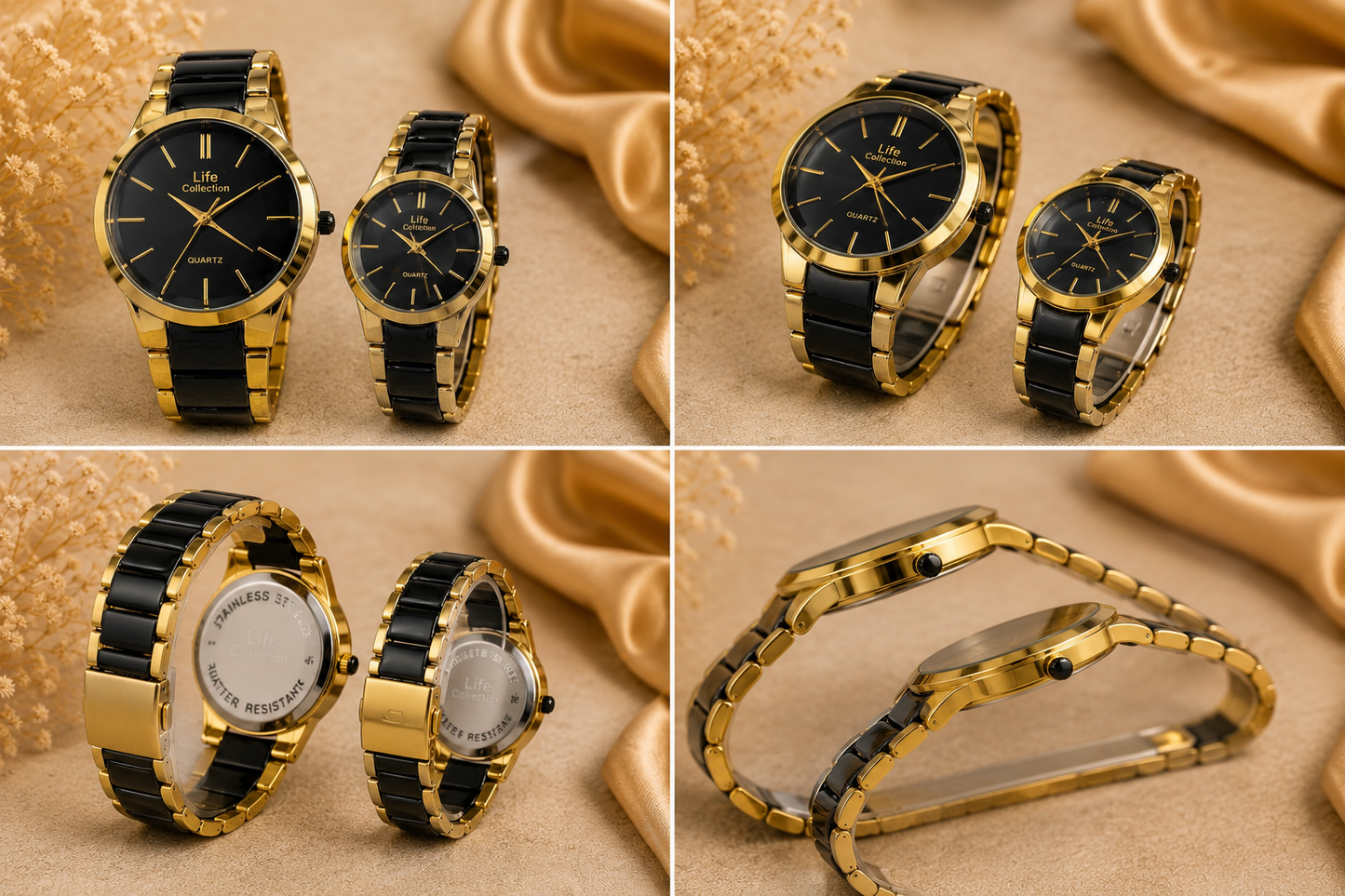 Life Collection Premium Couple Watch Set – Black,silver & Gold Luxury Quartz Wristwatches | His & Hers Matching Watches